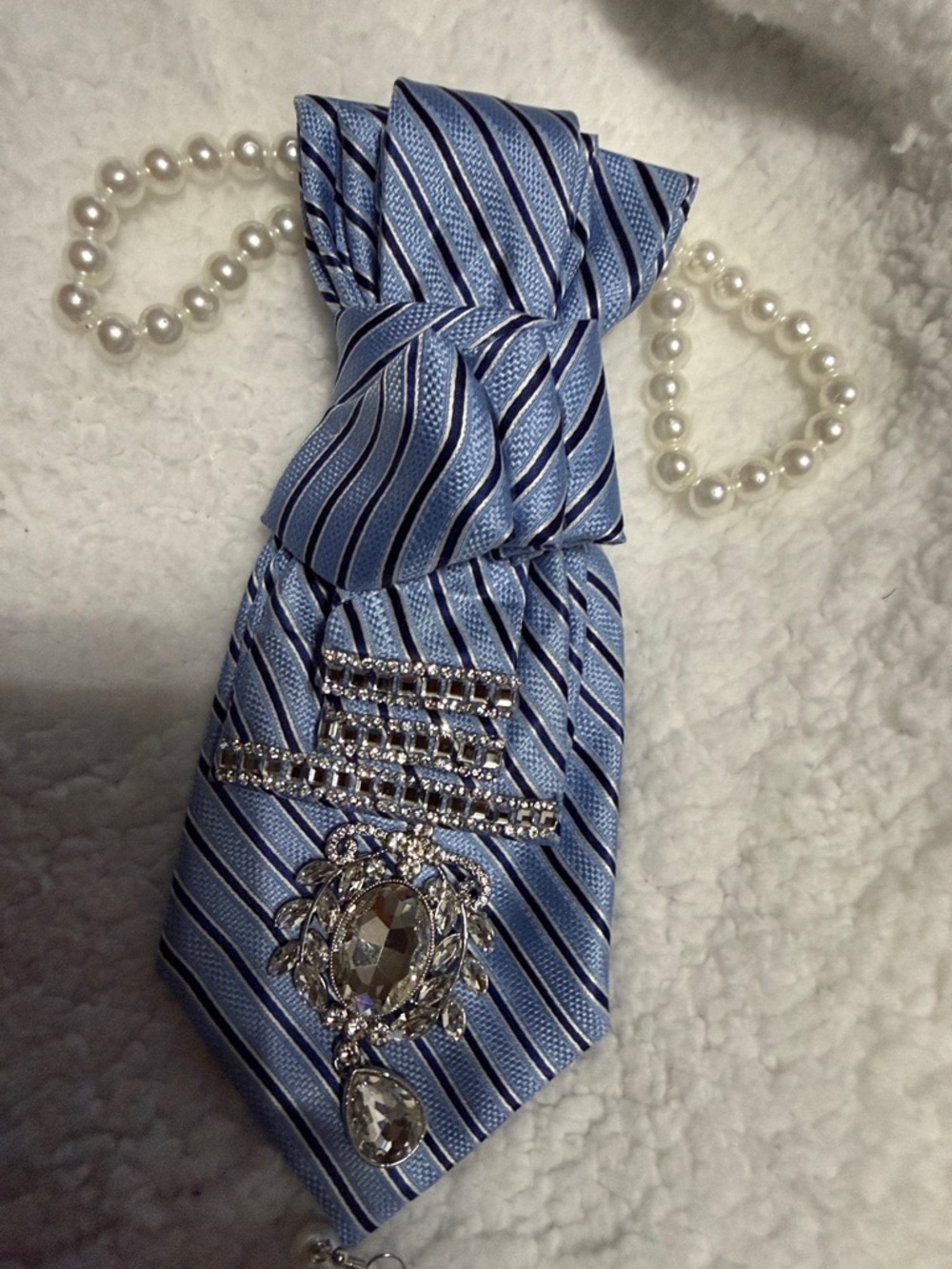 Men's Light Blue Striped Tie Necklace with Rhinestone Brooch